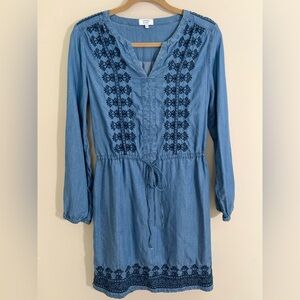CROWN & IVY Womens Long Sleeve Chambray Embroidered Drawstring Midi Dress 6‎